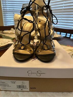 Jessica Simpson Black Clear Studded Lace-Up Heels